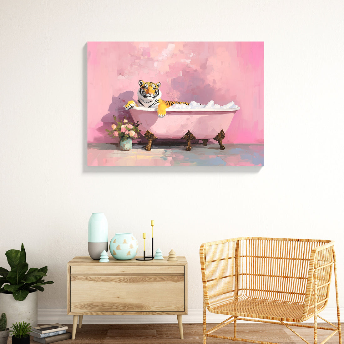 Transform your bathroom into a gallery of whimsy with this captivating canvas art featuring a tiger luxuriating in a bathtub, accented by delicate floral elements in soft pink tones. This unexpected juxtaposition of wildlife and domesticity creates an engaging conversation piece that elevates ordinary spaces with artistic flair. The carefully curated color palette harmonizes pink hues with natural botanical details, establishing a sophisticated yet playful aesthetic. Perfect for bathrooms seeking personalit