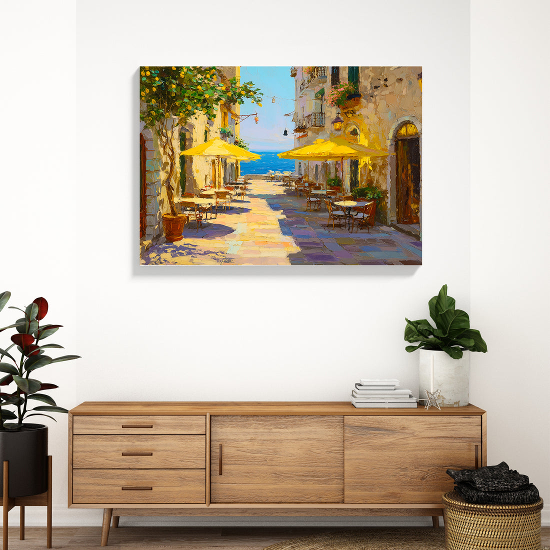 Transport your space to the sun-drenched streets of the Mediterranean with this captivating canvas wall art. Featuring a charming European cafe scene bathed in golden light, complete with iconic yellow umbrellas and authentic coastal architecture, this piece evokes the warmth and leisurely elegance of seaside living. The vibrant color palette and inviting composition make it an ideal focal point for living rooms, bedroom walls, or above sofas, instantly elevating your home decor with European sophistication