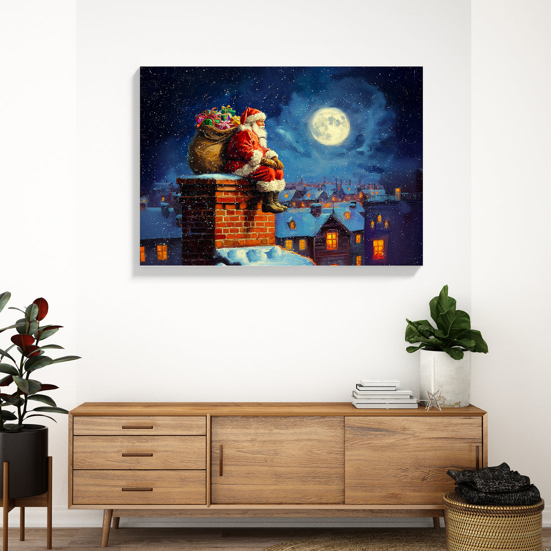 Capture the magic of the season with this enchanting Christmas canvas wall art featuring Santa perched on a snow-dusted chimney beneath a luminous full moon. The striking composition combines festive charm with artistic sophistication, making it an ideal focal point for living rooms, bedside spaces, or above sofas. Rich, detailed imagery brings warmth and holiday spirit to any interior, while the canvas medium ensures durability and lasting vibrancy.