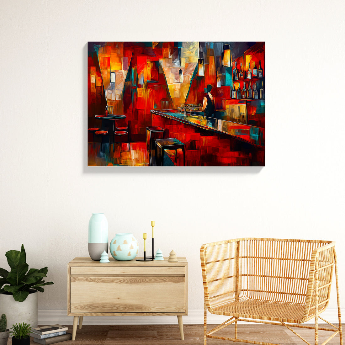 Transform your space with this striking abstract canvas that captures the vibrant energy of a modern bar scene. Rendered in bold red, orange, and teal hues, this contemporary impression painting brings dynamic movement and sophisticated color play to any room. The fluid brushwork and layered composition create visual depth that draws the eye, making it an ideal focal point above your sofa, bed, or living area.