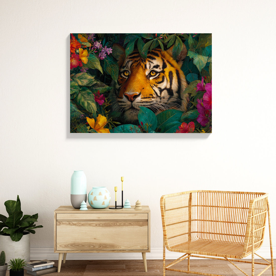 Bring the untamed beauty of the jungle into your home with this striking Tropical Tiger Canvas Wall Art. Featuring a majestic tiger amid lush exotic flowers and verdant foliage, this piece captures the raw elegance of wildlife in its natural habitat. The vibrant color palette and dynamic composition create an immediate focal point that transforms any room into a sanctuary of natural wonder. Perfect for living rooms, bedrooms, or above sofas, this canvas art adds sophistication and adventure to your décor. T