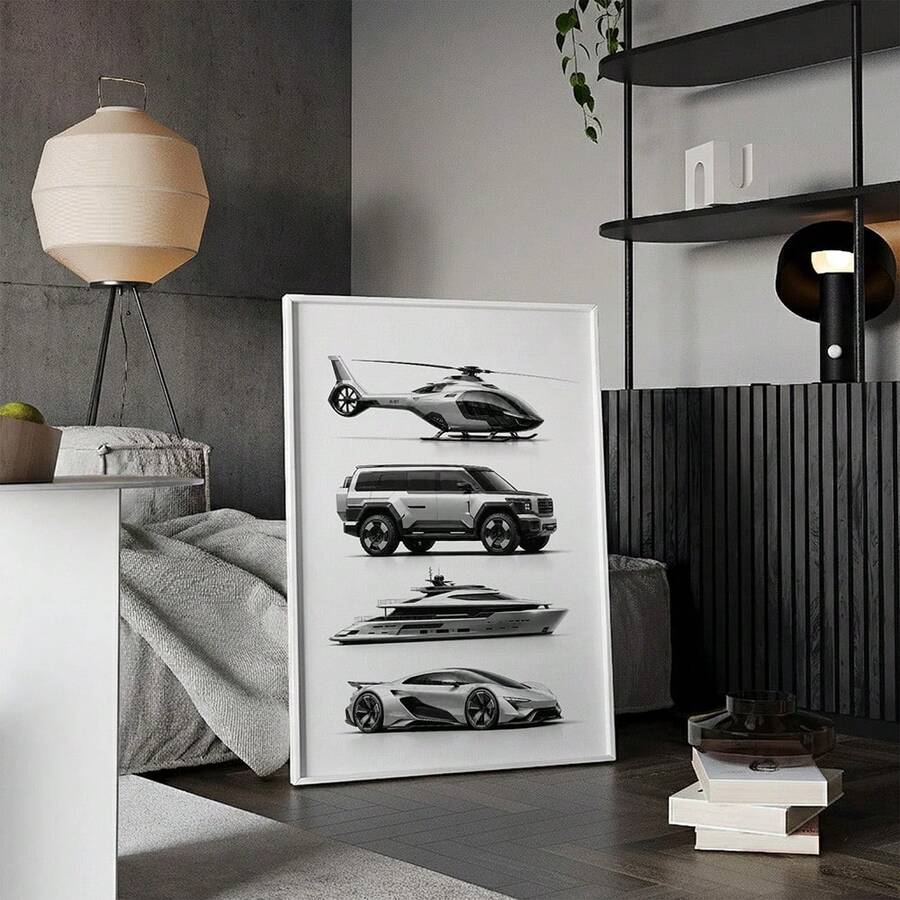 Cool Black & White Vehicle Supercar Yacht Helicopter Canvas Poster