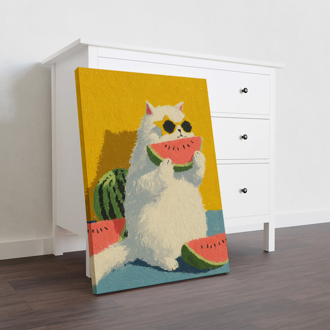 Add a vibrant summer vibe to your living space with this Cool Cat with Watermelon wall art canvas print. Perfect for living rooms, sofa backdrops, or bedside decoration, this piece combines playful charm with bright, refreshing colors to enhance your home decor. Crafted on high-quality canvas, it offers durability and a crisp, detailed image that brings warmth and personality to any room. Ideal for those seeking a unique and stylish summer-themed accent.