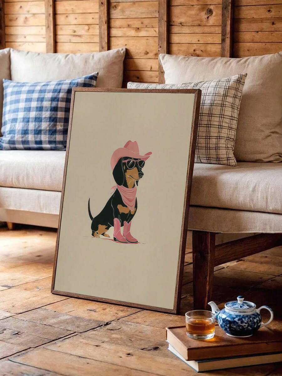 Framed dachshund cowgirl print leaning by sofa in rustic wood living room