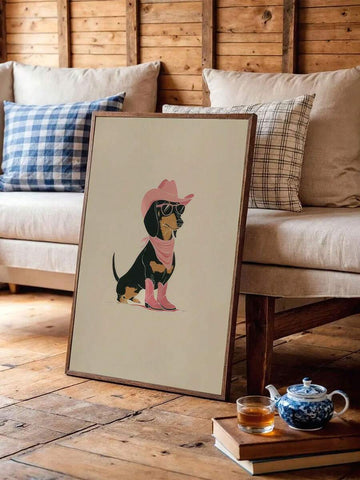 Framed dachshund cowgirl print leaning by sofa in rustic wood living room