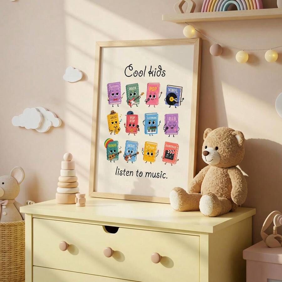 The "Cool Kids Listen To Music" Retro Nursery Cute Cartoon Canvas Poster combines playful typography with adorable cartoon illustrations to create a cheerful piece of wall art for little music lovers. Featuring a retro-inspired aesthetic, soft colors, and fun character designs, this artwork brings creativity, imagination, and a joyful atmosphere to children's spaces while complementing both modern and vintage-inspired nursery decor.