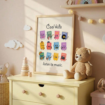 The "Cool Kids Listen To Music" Retro Nursery Cute Cartoon Canvas Poster combines playful typography with adorable cartoon illustrations to create a cheerful piece of wall art for little music lovers. Featuring a retro-inspired aesthetic, soft colors, and fun character designs, this artwork brings creativity, imagination, and a joyful atmosphere to children's spaces while complementing both modern and vintage-inspired nursery decor.