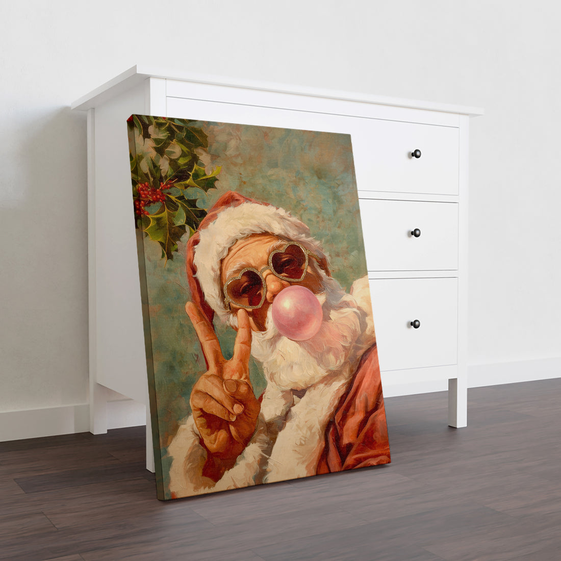 Elevate your space with this striking Santa Claus portrait canvas, reimagined with contemporary flair. Featuring a playful Santa sporting trendy bubble gum and heart-shaped glasses, this artwork blends festive tradition with modern pop art aesthetics. The vibrant composition makes an ideal focal point above your sofa, in the living room, or beside your bed.