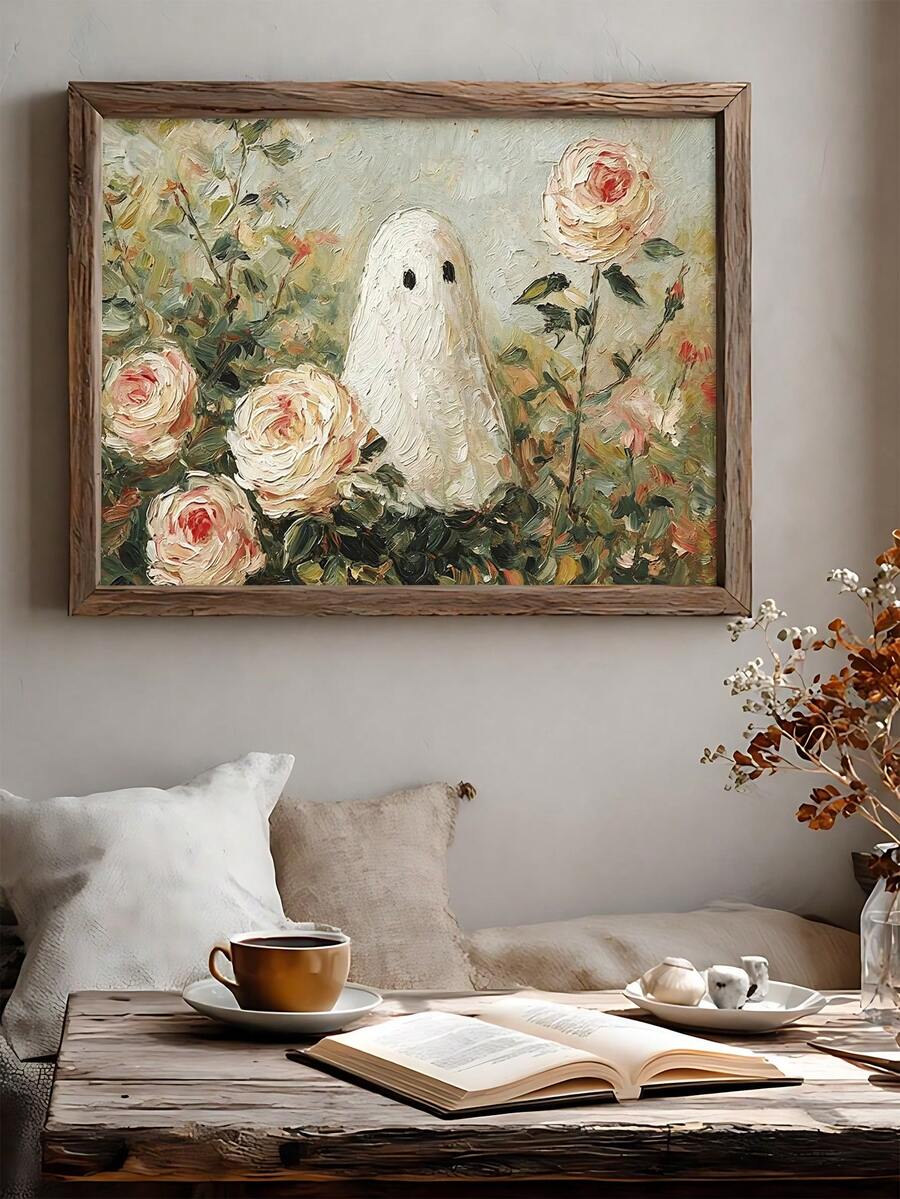 Celebrate Halloween with a charming twist through this coquette-inspired Canvas poster featuring an adorable ghost surrounded by blooming flowers and soft pink pumpkins. Blending spooky elements with feminine elegance, the artwork showcases delicate floral accents, pastel tones, and whimsical Halloween details that create a playful yet sophisticated seasonal aesthetic. Its unique design adds warmth and personality while embracing the beauty of the autumn season.