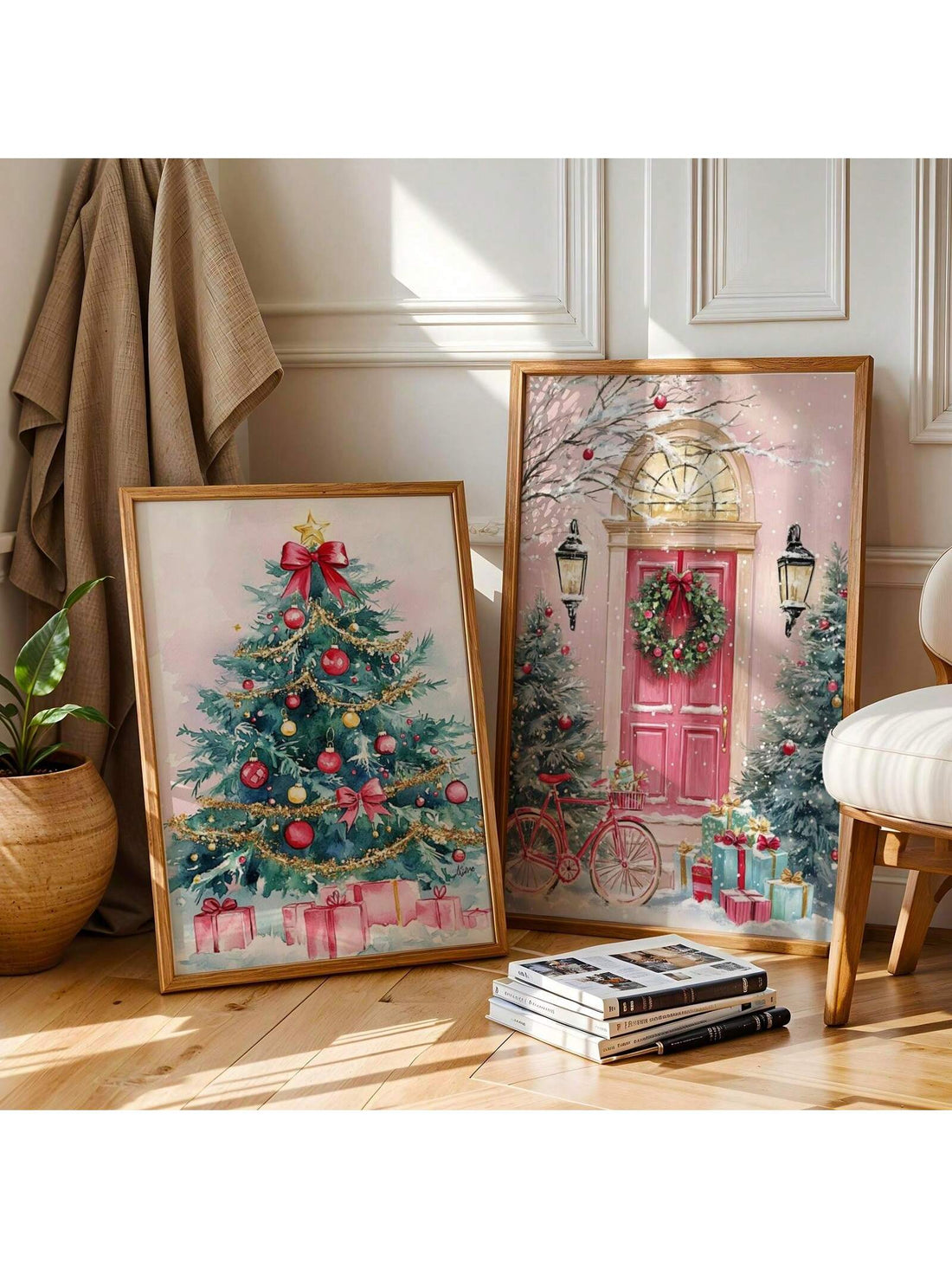 Elevate your holiday décor with the Coquette Vintage Christmas Wall Art, featuring a charming red door and festive tree on canvas. This piece blends nostalgic vintage style with a girly, elegant touch—perfect for creating a warm, inviting atmosphere in your home during the holidays. Its refined color palette and classic imagery offer timeless appeal for anyone seeking sophisticated seasonal decoration.