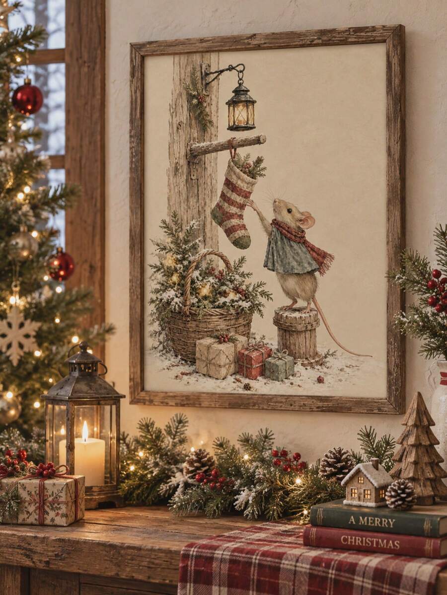 Cozy Cottagecore Cute Mouse in Christmas Stocking Watercolor Canvas Poster