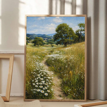 Natural wood framed wildflower meadow landscape leaning in a neutral interior