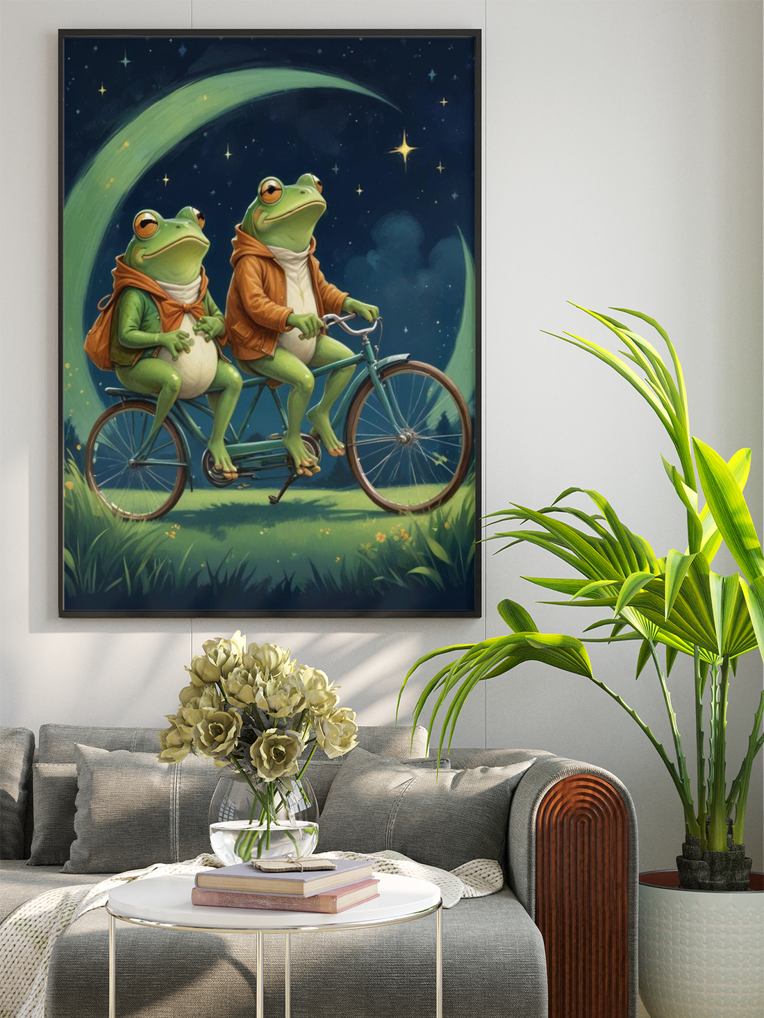 This poster features two green frogs riding a bicycle together at night, with a crescent moon and stars in the background. Perfect for any nature or animal lover, this unique design is sure to add a touch of whimsy to any room. Bring these cute frogs and their moonlit adventure into your home today.