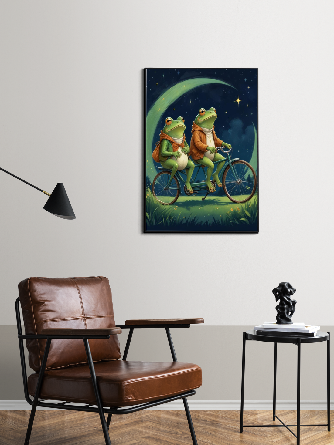 This poster features two green frogs riding a bicycle together at night, with a crescent moon and stars in the background. Perfect for any nature or animal lover, this unique design is sure to add a touch of whimsy to any room. Bring these cute frogs and their moonlit adventure into your home today.