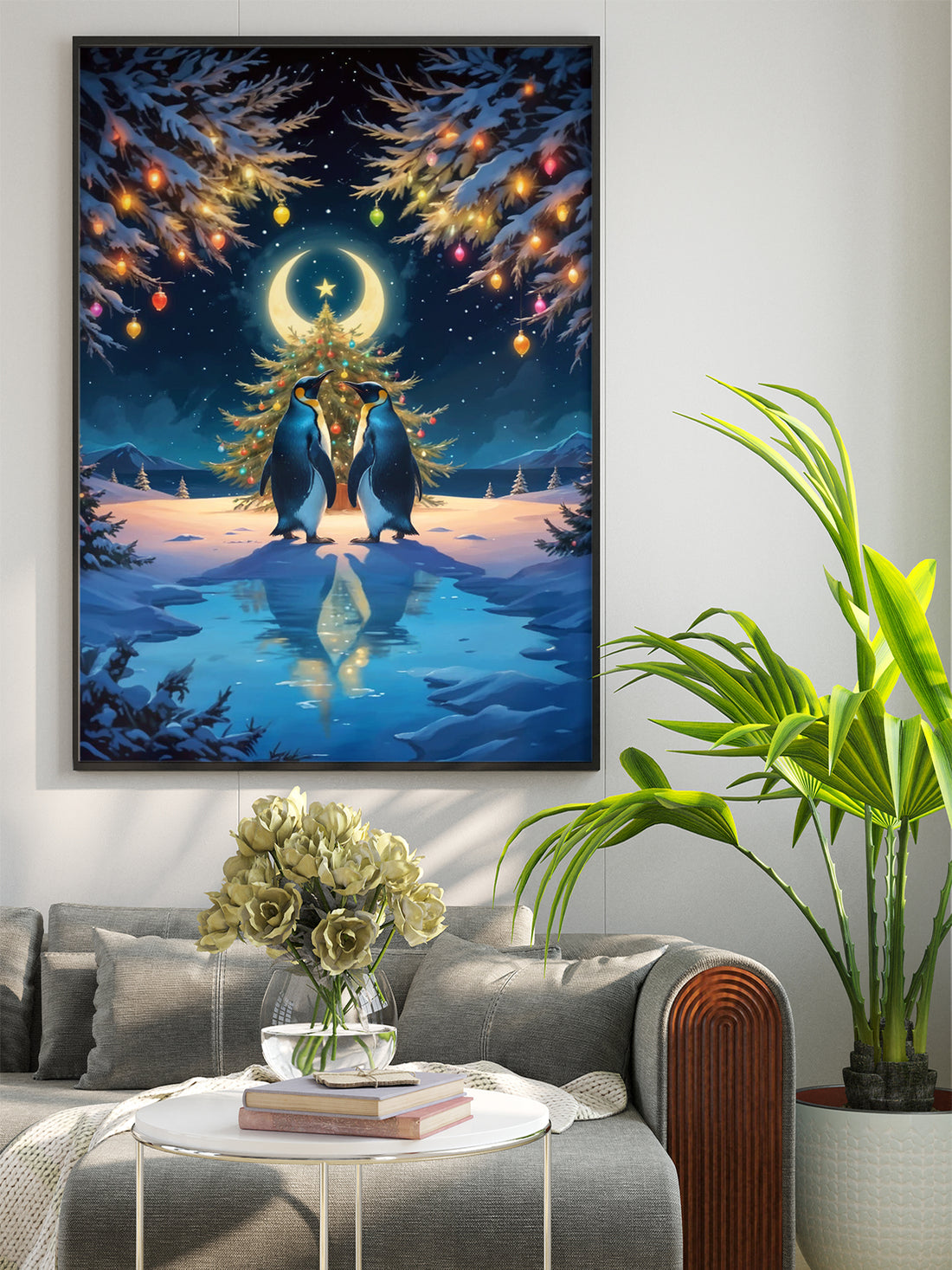 Discover the peaceful beauty of nature with our Couple Penguins Canvas Poster. Featuring a pair of penguins standing under a serene crescent moon in a snowy landscape, this poster brings a sense of tranquility to any room. Printed on high-quality canvas, the vivid colors and details provide a captivating visual experience.