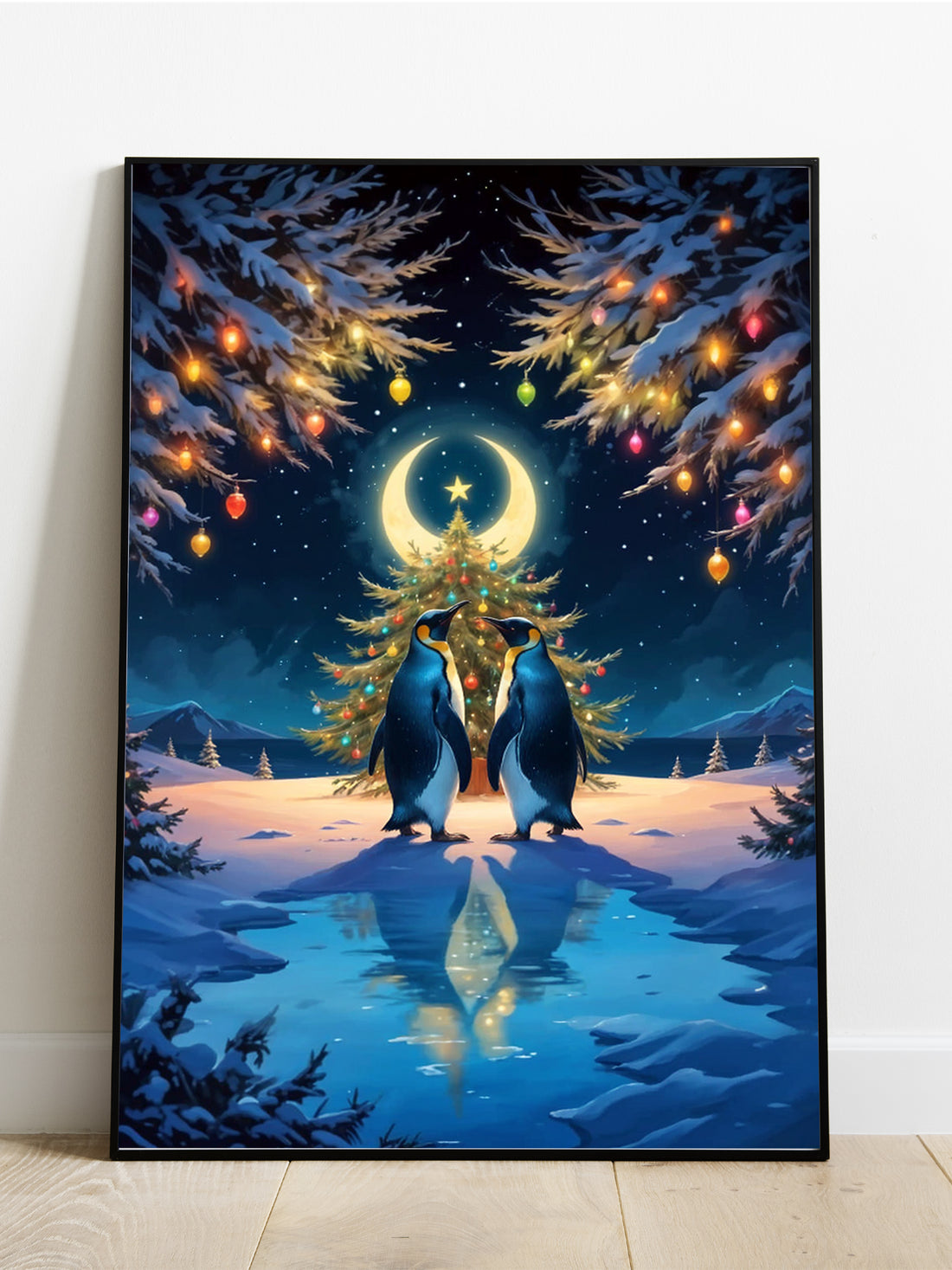 Discover the peaceful beauty of nature with our Couple Penguins Canvas Poster. Featuring a pair of penguins standing under a serene crescent moon in a snowy landscape, this poster brings a sense of tranquility to any room. Printed on high-quality canvas, the vivid colors and details provide a captivating visual experience.