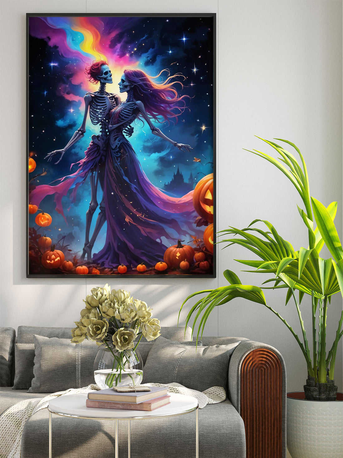 Couple Young Skeleton Dancing On The Shy Canvas Poster Wall Art - Un Frame Canvas Poster
