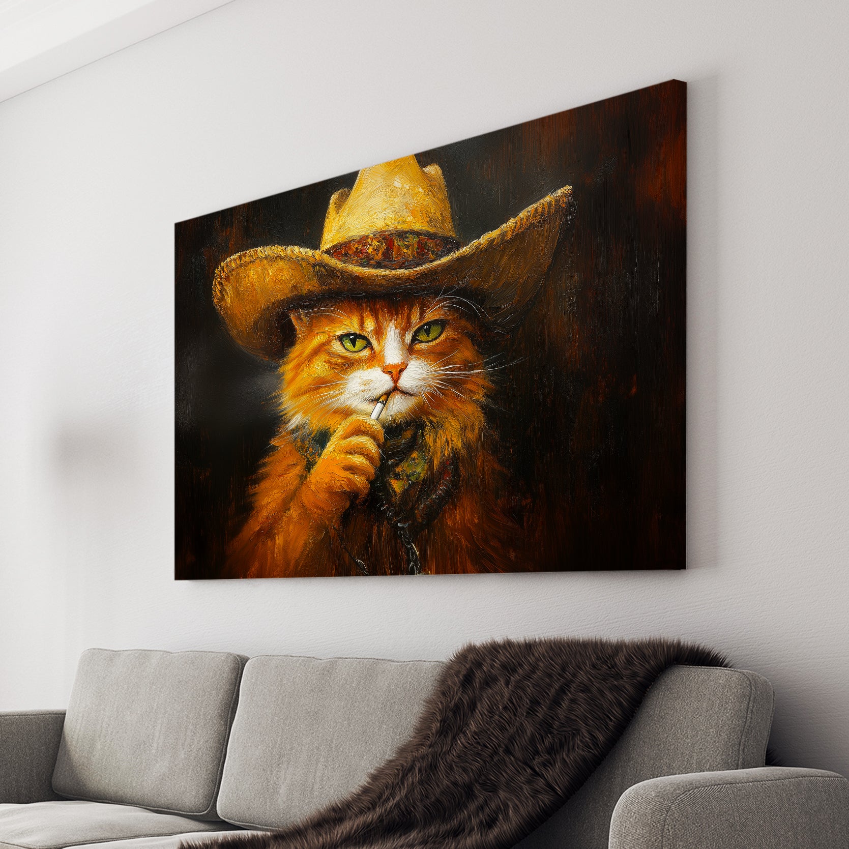 Add a touch of whimsy to your home decor with our Cowboy Cat Canvas Wall Art. This high-quality canvas features an adorable orange tabby sporting a trendy cowboy hat. Perfect for adding personality to your living room, sofa, or bedside, this piece is sure to make a statement.