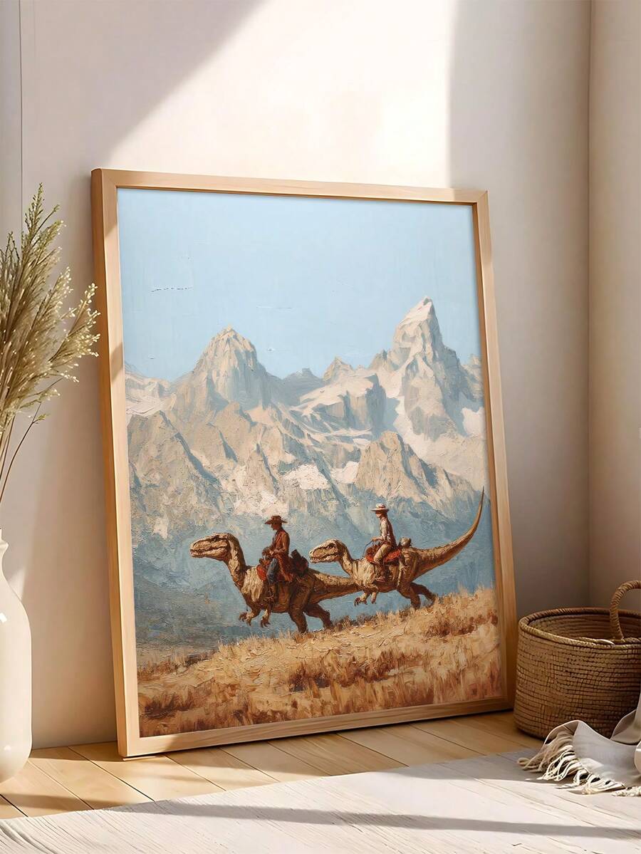 Cowboy dinosaur wall art with western mountain landscape
