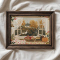 Framed autumn cottage window canvas art with ducks, apples, pumpkin, and golden trees