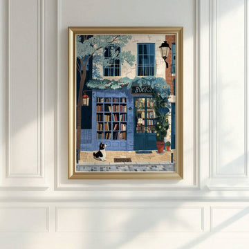 Framed cozy bookstore poster with black white dog on classic paneled wall