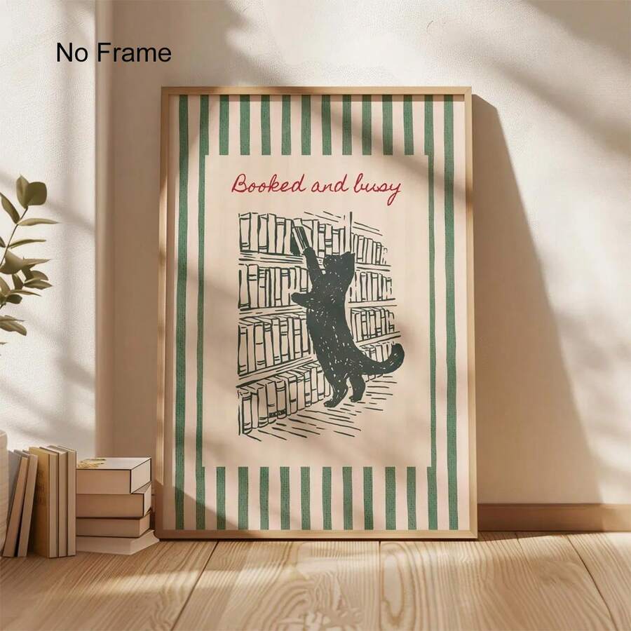 Bring literary charm to your space with this delightful cozy cat reading wall art. Featuring a whimsical feline nestled among vintage green stripes and book-inspired details, this unframed canvas painting celebrates the perfect pairing of cats and literature. The modern cartoon style adds warmth and personality to any room, while the waterproof canvas ensures lasting durability. Perfect for book lovers, library enthusiasts, and anyone who appreciates the comfort of a good read and a curious cat companion. D