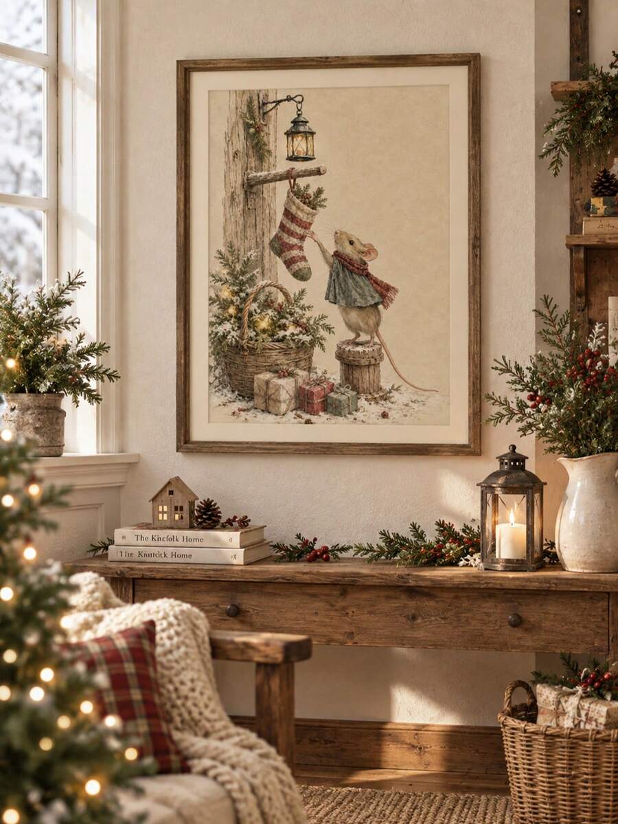 Cozy Cottagecore Cute Mouse in Christmas Stocking Watercolor Canvas Poster