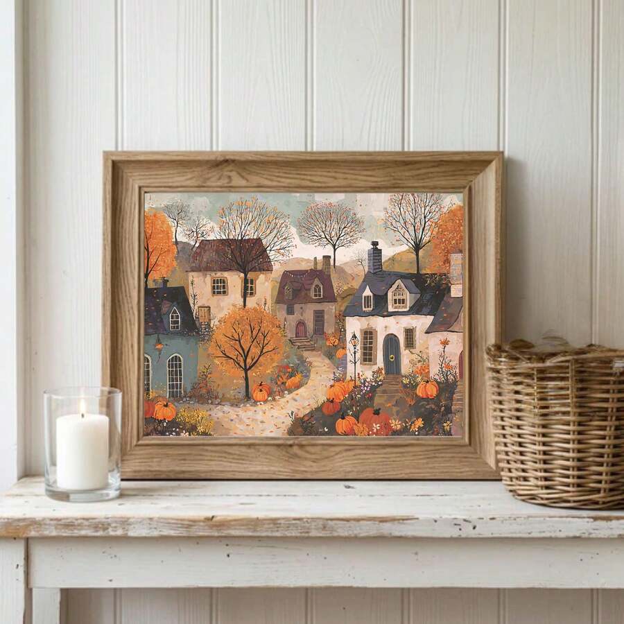 Whimsical fall landscape wall art with winding path and flowers