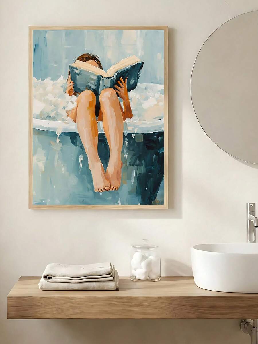 Transform your bathroom into a serene spa retreat with this charming vintage wall art. Featuring a woman peacefully reading in a luxurious tub, this piece captures the essence of relaxation and self-care. The soft, nostalgic aesthetic brings warmth and comfort to any bathroom space. Available as both framed and unframed canvas options, this artwork adapts to your décor style. The waterproof material ensures durability in humid bathroom environments, while the removable design lets you refresh your space whe