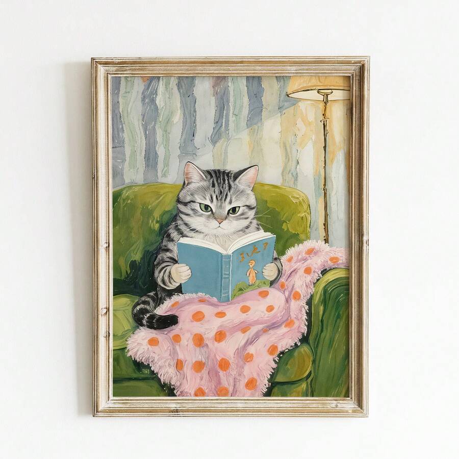 Bring warmth and character to any space with this charming tabby cat art print. Featuring a whimsical cartoon design, this unframed canvas piece captures the cozy essence of vintage aesthetics.