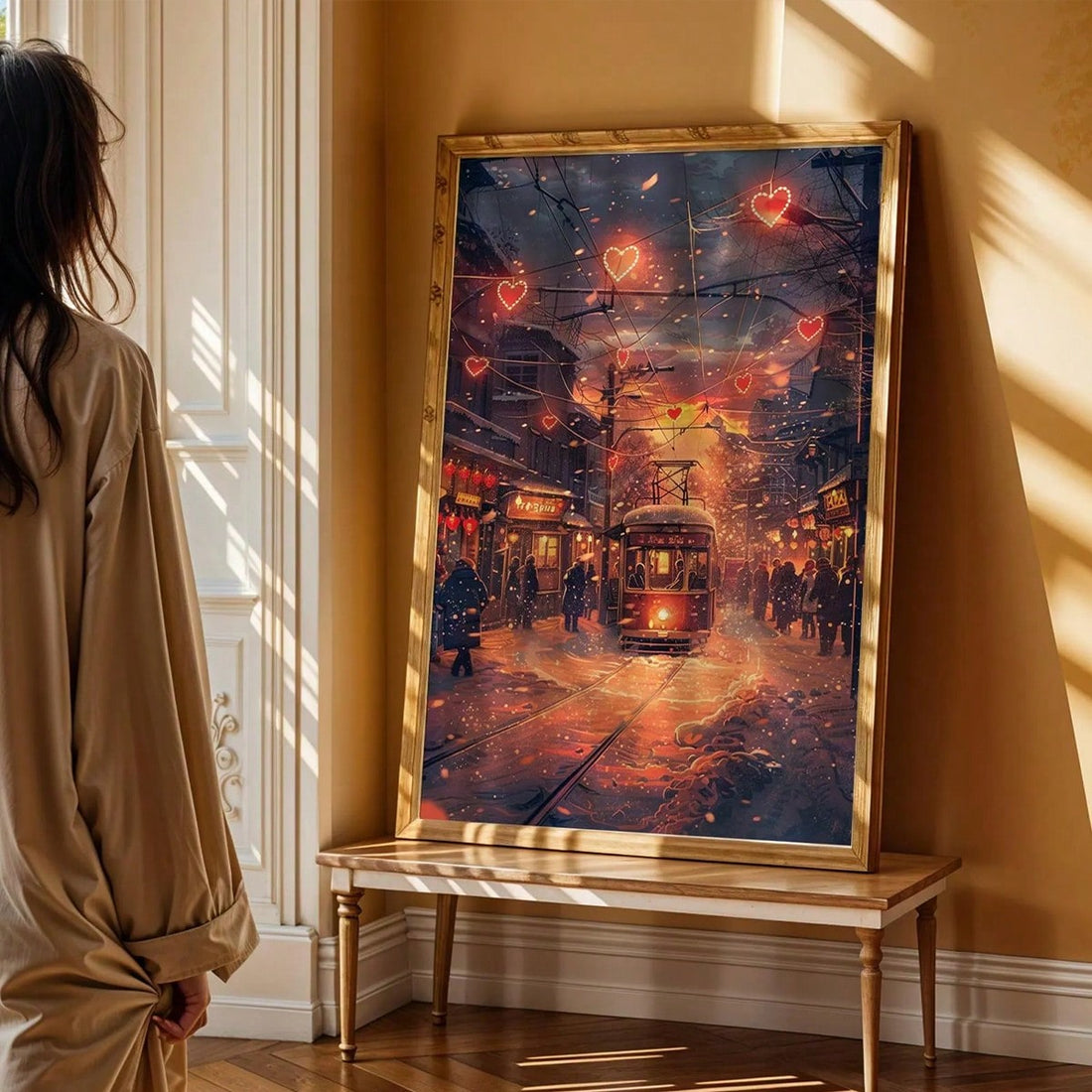 Capture the magic of winter romance with this enchanting wall art piece, featuring a nostalgic retro tram gliding through a snow-dusted street scene. 