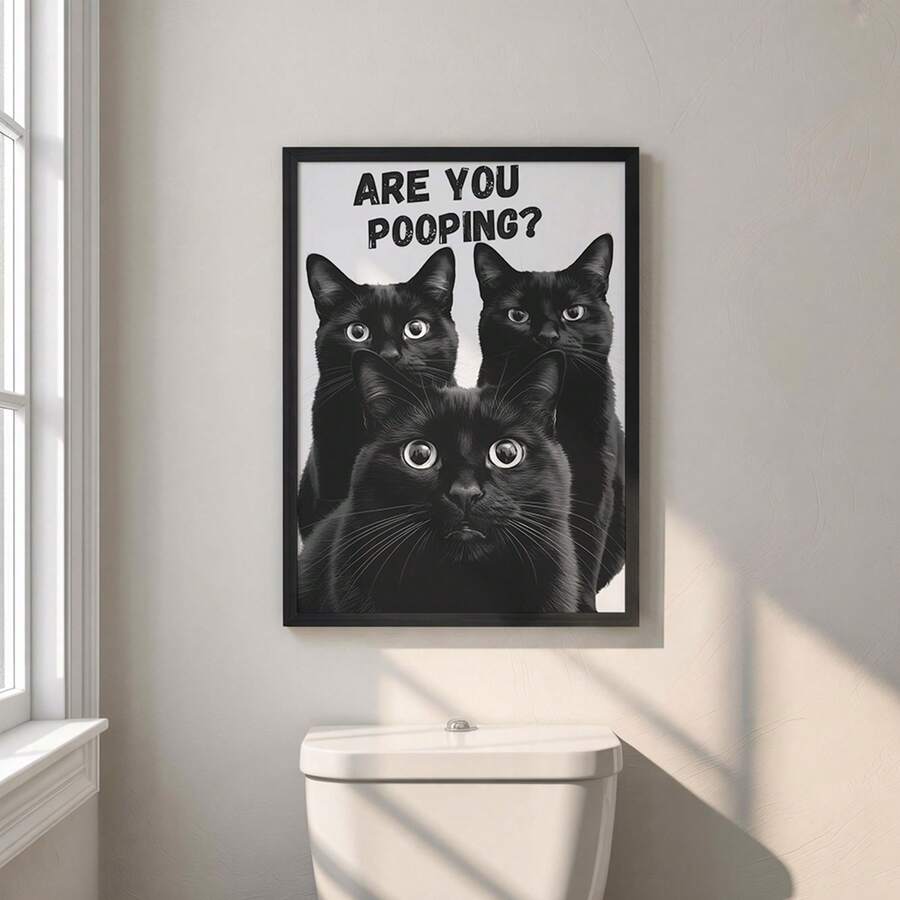 Bring playful charm to your bathroom with this hilarious black cats canvas print. Featuring curious felines in modern cartoon style, this waterproof hanging painting combines animal and letter patterns for a fun, quirky look. Perfect for cat lovers who want to add personality and humor to their space. The durable canvas material withstands bathroom moisture, making it an ideal choice for any cat enthusiast's bathroom décor.