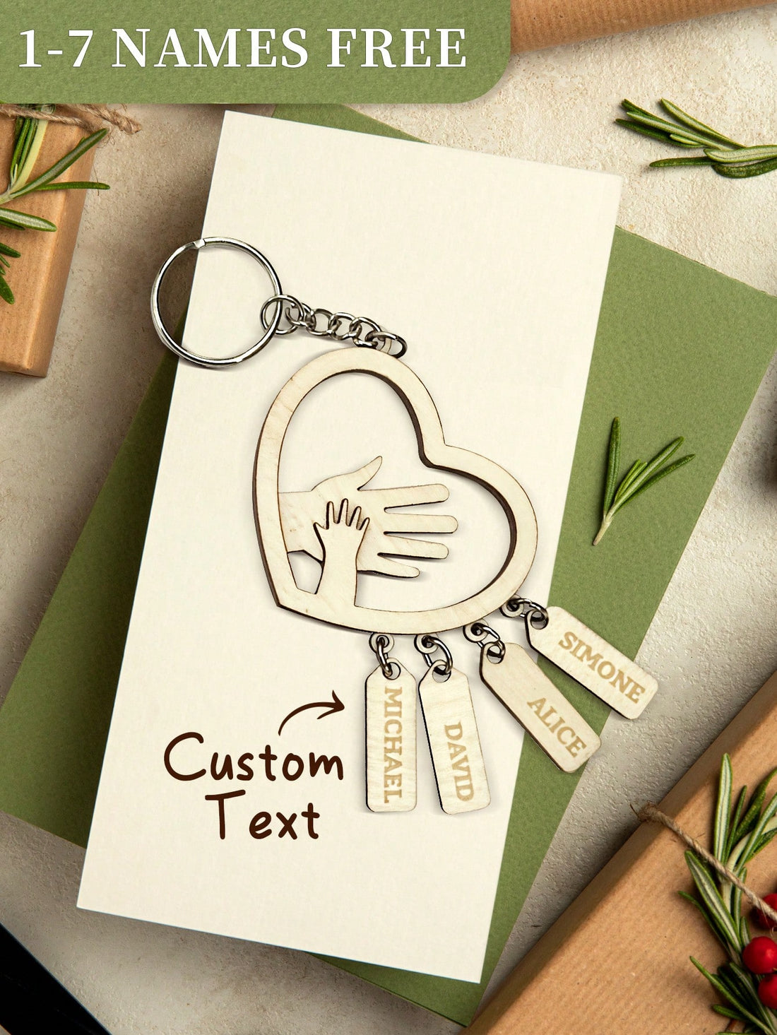 This custom engraved wooden keychain features intertwined hands and hearts, making it the perfect personalized gift for dads and husbands. Show your love and appreciation with this unique and thoughtful gift. The durable wood and precision engravings add a personal touch and lasting quality.