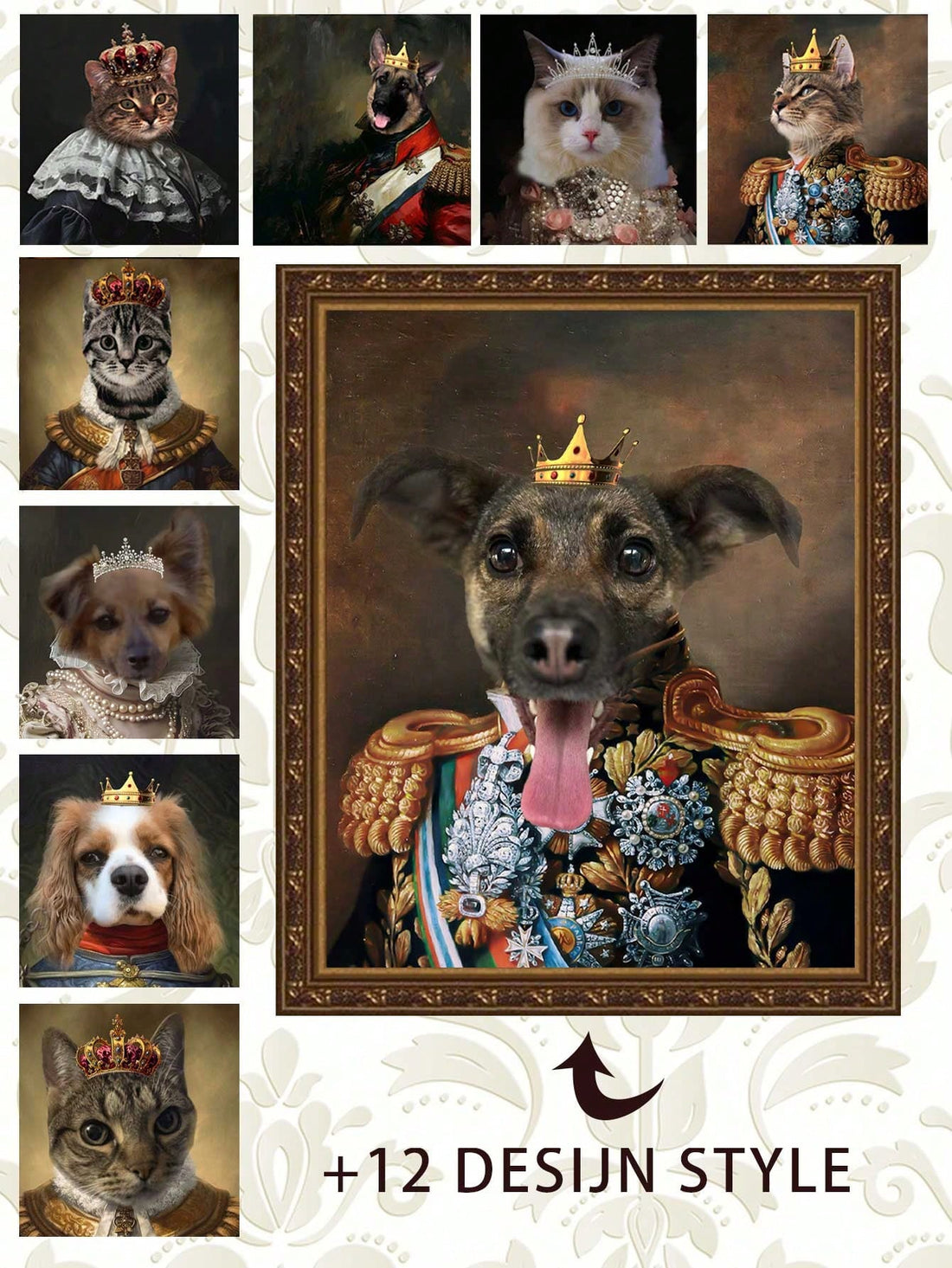 Elevate your home decor with our Customized Royal Pet Portrait Poster. Our unique and luxurious wall decor gift is perfect for pet lovers, adding a touch of elegance to any space. Show off your love for your furry companion with a personalized portrait that will surely impress. Order yours today and add a regal touch to your home.