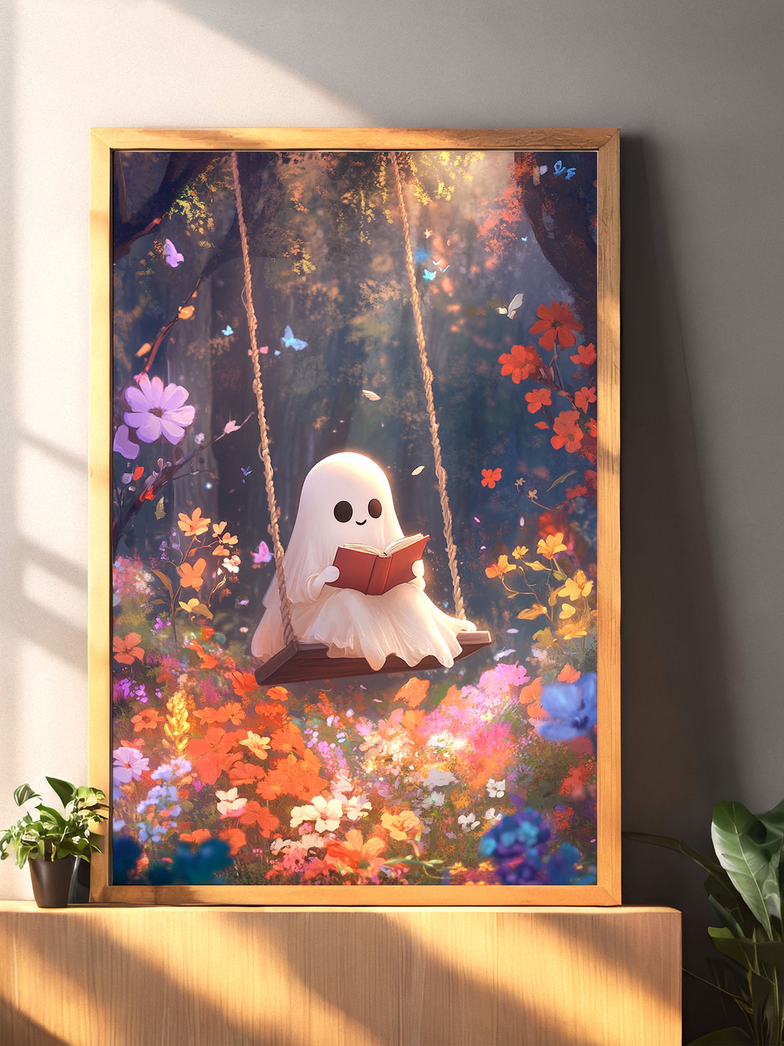 Cute Ghost Reading Book Poster Wall Art - For Living Room, Sofa Backdrop, Bedside Decoration, Home Decor, No Frame