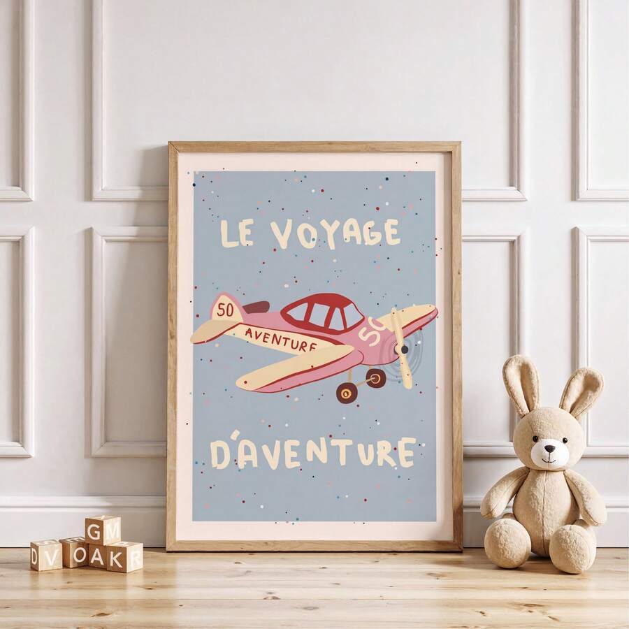 Pastel vintage airplane canvas print displayed in a playful nursery with toys and blocks