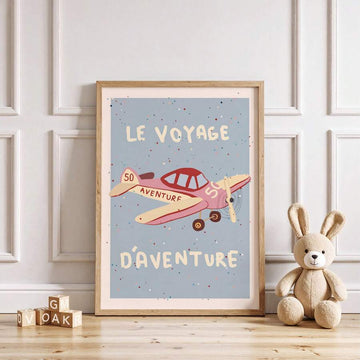 Pastel vintage airplane canvas print displayed in a playful nursery with toys and blocks