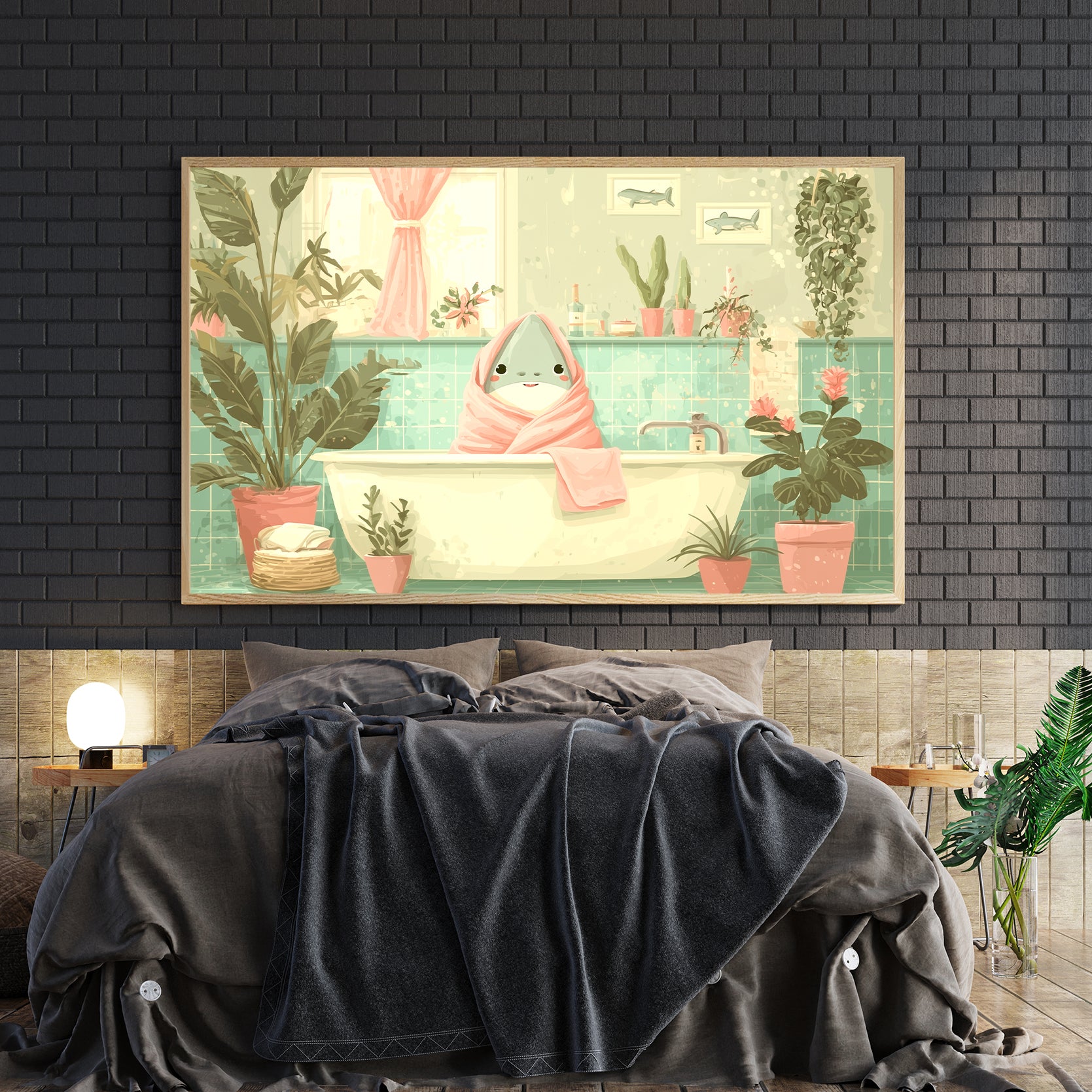 Bring whimsy to your space with this charming bathroom art print featuring an adorable kawaii shark lounging in a bathtub.