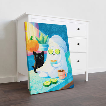 Bring playful Halloween charm to any space with this delightful art print featuring an adorable black cat and friendly ghost enjoying a spa day. Perfect for living rooms, bedside tables, or above sofas, this whimsical design combines seasonal flair with cozy comfort.