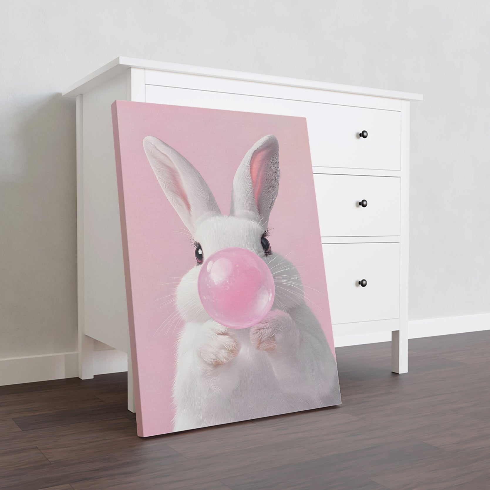 This cute bunny canvas wall art is the perfect addition to any living room, sofa backdrop, or bedside. The playful design features a sweet pink bubble gum bubble, adding a touch of whimsy to your home decor. Made of high-quality canvas, this art piece is sure to brighten up any space.