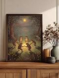 Dancing frog wall art with cute frogs in moonlit forest and fireflies