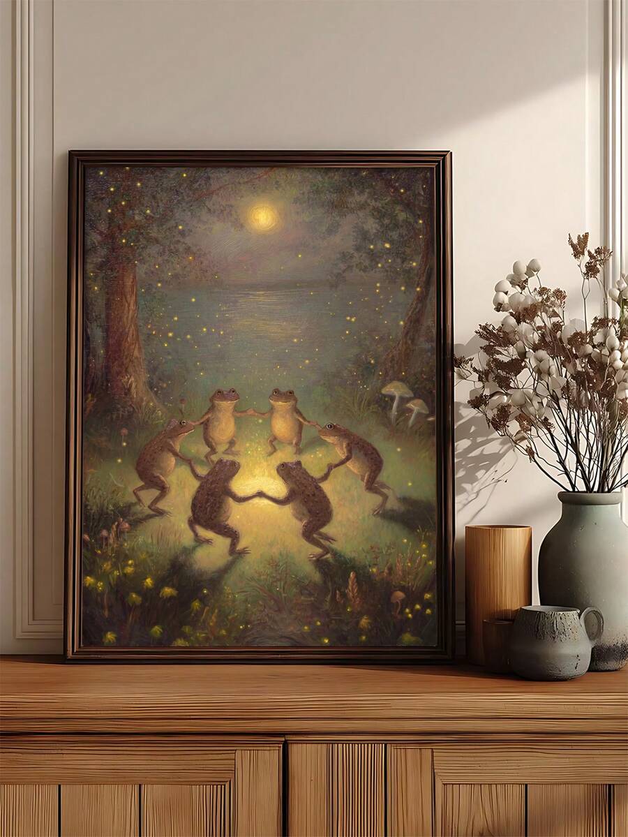 Dancing frog wall art with cute frogs in moonlit forest and fireflies