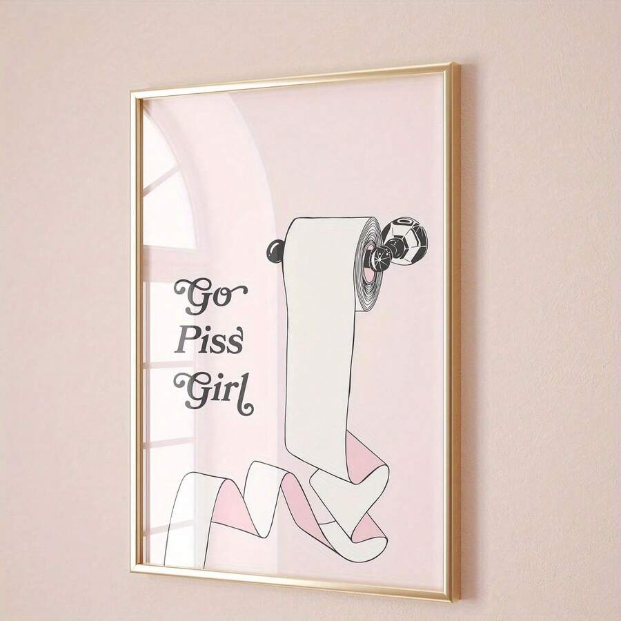 Go Piss Girl toilet paper artwork in slim gold frame