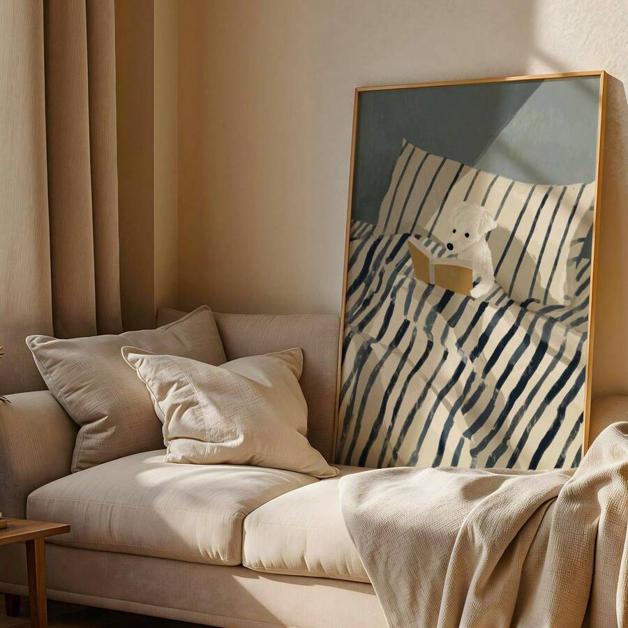 Teddy bear reading in navy striped bed canvas artwork