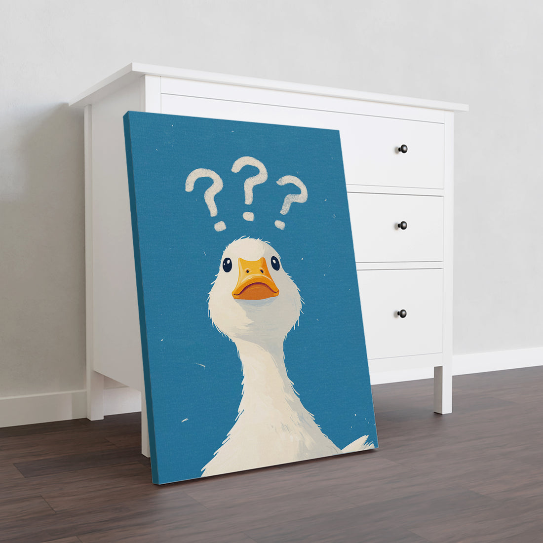 Brighten up your living room with our Cute Duck Canvas Wall Art featuring a playful cartoon duckling surrounded by question marks. This unique print adds a touch of whimsy to any room, making it perfect for a sofa backdrop or bedside decoration. Elevate your home decor with this charming piece.