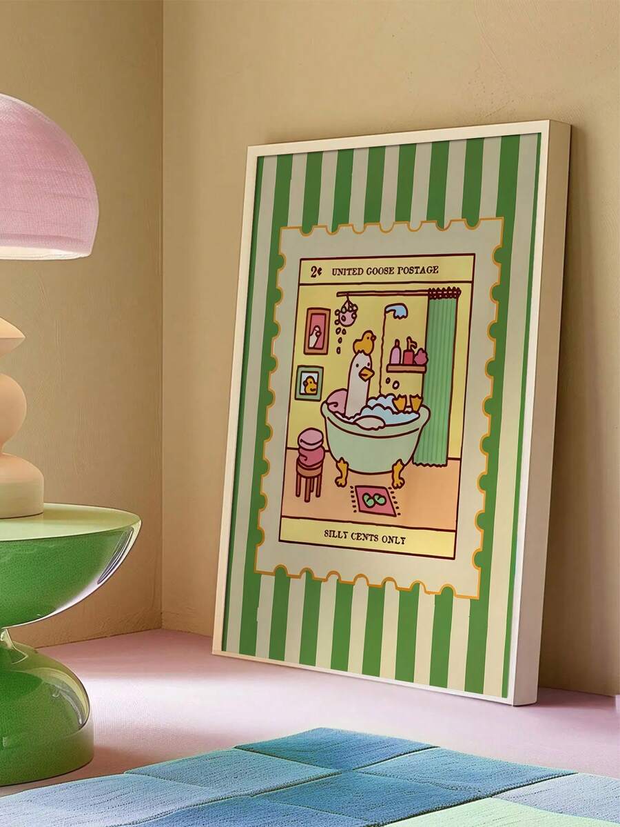 Add a touch of whimsy to your bathroom with this charming duck in a bath poster. Featuring a playful cartoon duck surrounded by vintage-inspired green stripes, this unframed art print brings nostalgic character to any space. Crafted on durable canvas with waterproof properties, it's perfect for moisture-prone areas. The cheerful animal design works beautifully in bathrooms, dining rooms, or any room needing a dose of personality. Easy to display and ready to frame, this delightful wall decor celebrates the 
