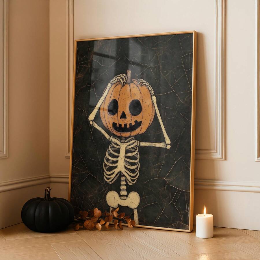 Orange pumpkin-headed skeleton artwork in a slim gold-toned display frame beside a black pumpkin and candle against a paneled wall