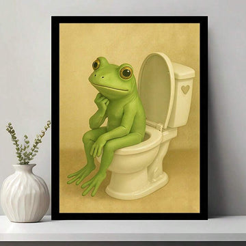 Cute Frog Sitting on Toilet Humorous Bathroom Canvas Poster