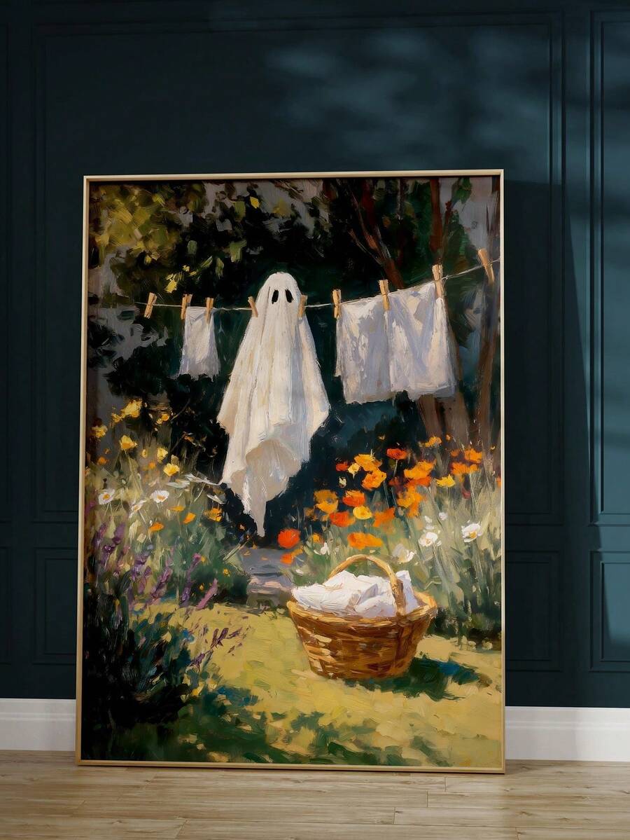 Funny ghost hanging on laundry line canvas wall art