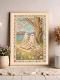 Framed floral ghost picnic art with books and tea beside a blossom tree